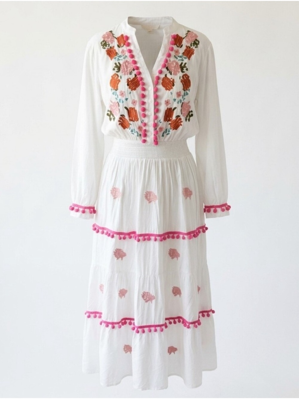 Chicwish Stay Romance White Pink Embroidered Pom Pom Boho Floral Midi Dress S